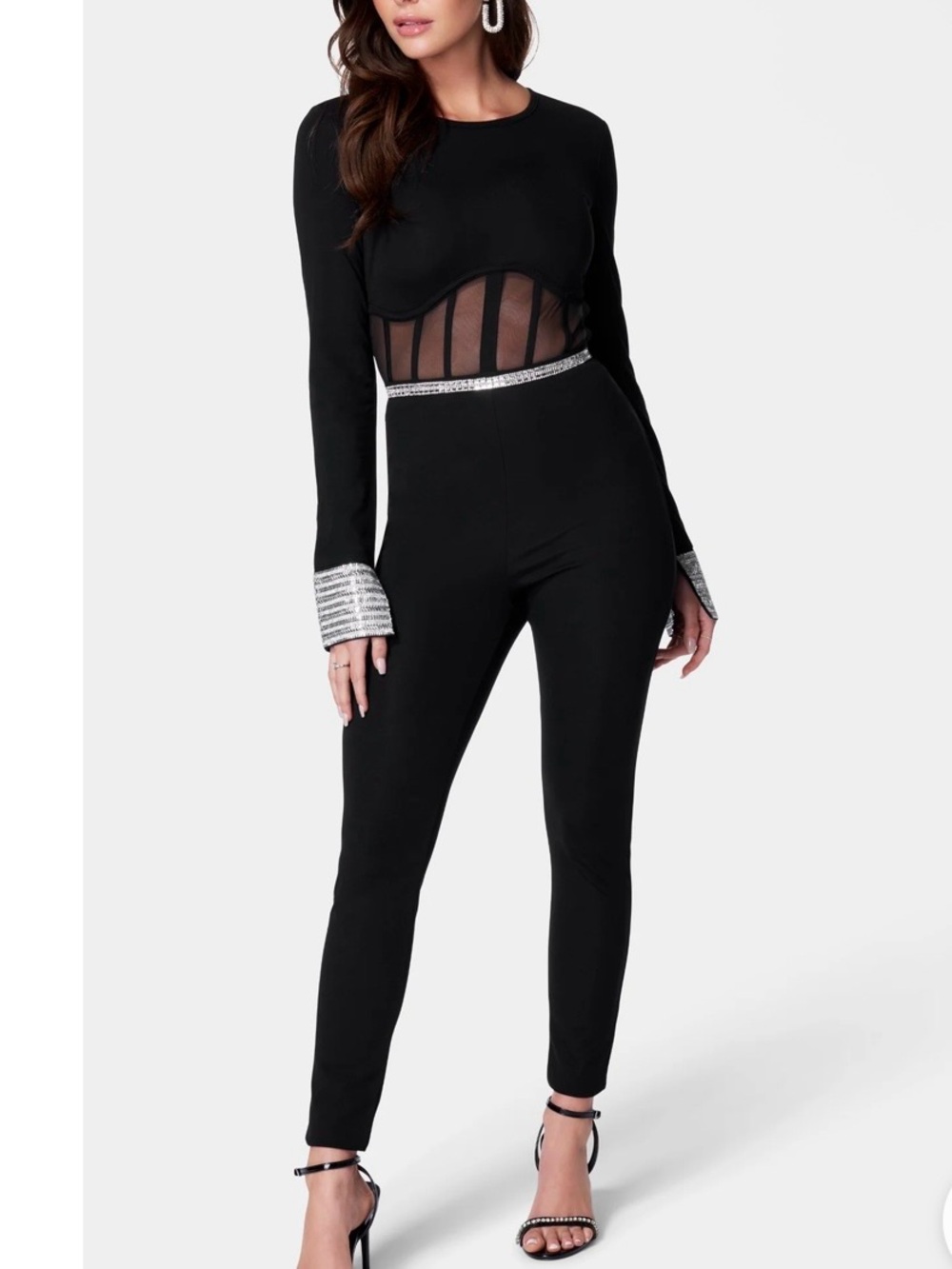 Bebe Black Mesh Corset Embellished Catsuit Jumpsuit Medium New